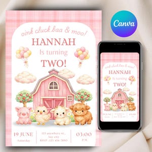 May include: A pink plaid birthday invitation featuring a barn, farm animals, and balloons with the text oink cluck baa & moo! HANNAH Is turning TWO! 19 JUNE Saturday 03:00 P.M. 123 anywhere st., Any city RSVP: (123) 456 7890, shown on paper and a smartphone.