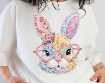 Kwiatowy króliczek w patchworku PNG, Modny Wielkanocny PNG, Kwiatowy retro Wielkanocny PNG, Domek w kratkę gingham w patchworku PNG, Wielkanocny wiosenny patchwork png