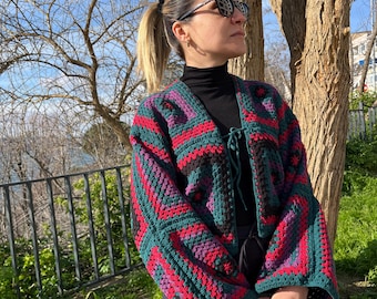 Vintage Crochet Cardigan, Granny Square Jacket, Retro Boho Streetwear