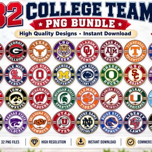 Op de afbeelding: Een digitaal pakket van 32 ronde universiteitsteamlogo's met diverse mascottes en emblemen. De afbeelding bevat de tekst 32 COLLEGE TEAM PNG BUNDLE, High Quality Designs, Instant Download en Go College Teams.