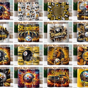 Op de afbeelding: Een verzameling bekers met het thema Pittsburgh Steelers. Ontwerpen omvatten het teamlogo, voetbalhelmen en verschillende artistieke patronen in zwart, goud en wit. Sommige bekers bevatten het woord "Steelers".
