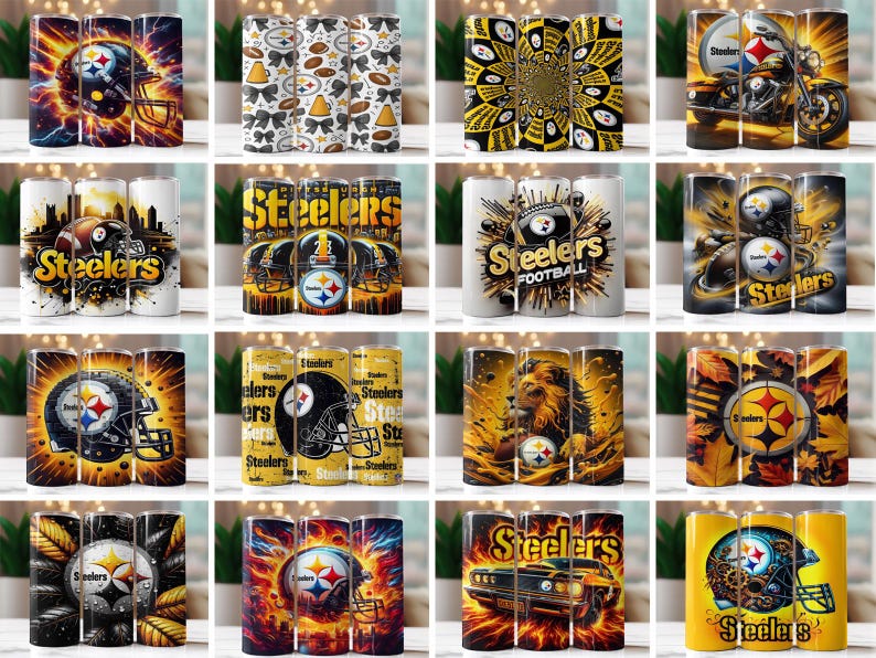 Op de afbeelding: Een verzameling bekers met het thema Pittsburgh Steelers. Ontwerpen omvatten het teamlogo, voetbalhelmen en verschillende artistieke patronen in zwart, goud en wit. Sommige bekers bevatten het woord "Steelers".
