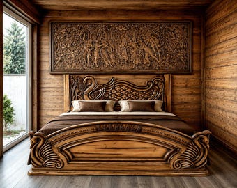CNC-skuren träsäng 180 x 200 cm – Sängram med svandesign – Massiv furu – Rustik lyxig sovrumsmöbler – Handgjord finish