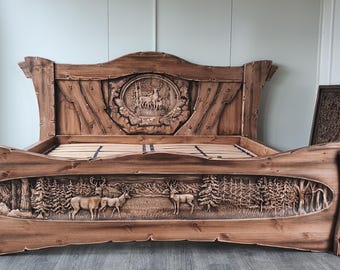 Hand-Carved Solid Wood Bed – Hunting Style | Deer & Forest Design | Rustic Lodge Furniture