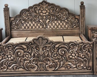 Hand carved wooden bed 3D carving,CNC technilogy.Luxury patform bed,Solid Wood Kings Queen size.