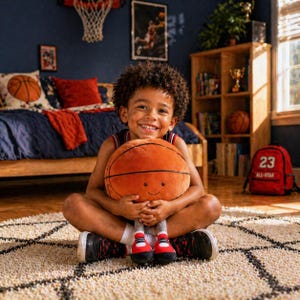 Può includere: Un bambino sorridente è seduto a gambe incrociate, tenendo in mano un peluche a forma di pallone da basket. Il giocattolo è arancione con linee nere e un volto sorridente. Il bambino indossa una maglia e pantaloncini da basket. È visibile uno zaino rosso con "23 ALL-STAR".