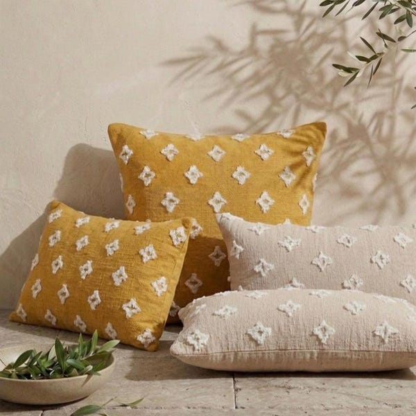 Funda de almohada de lino y algodón con estrellas de jacquard amarillas – Funda de cojín nórdica bohemia