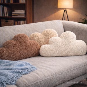 May include: Three cloud-shaped throw pillows in shades of brown, beige, and white rest on a gray sofa. The pillows have a textured, fluffy appearance. A blue blanket with fringe is draped on the sofa. A lamp and bookshelf are in the background.