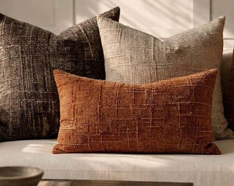 Kussensloop met getextureerde chenille: geweven bamboe, boho-bankdecor, sierkussen beigebruin roest