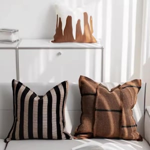 Brown Black Stripe Jacquard Pillow Cover, Retro Patchwork Cushion, Modern Sofa Decor