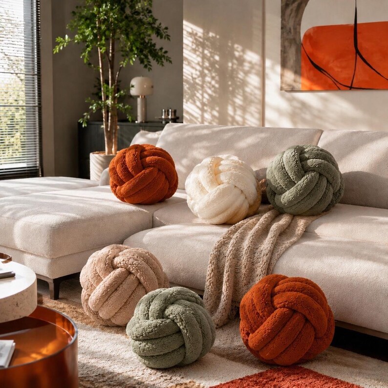 Op de afbeelding: Een collectie van zes bolvormige knoopkussens gemaakt van textuurrijke stof in de kleuren gebrand oranje, cr&egrave;me, beige en saliegroen. Deze ronde, geknoopte kussens zijn gerangschikt op een lichte bank en een vloerkleed en hebben een zacht oppervlak.