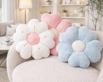 Cuscino Floreale A Forma Di Margherita 40 Cm - Peluche Per Divano E Cameretta - Bianco