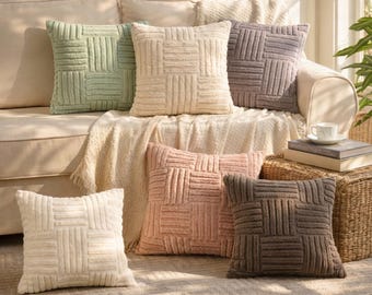 Neutrale boho kussensloopset | Beige bankkussenset | Kussensloop van imitatiebont | Decor kussensloopset met textuur | Lumbale sierkussen