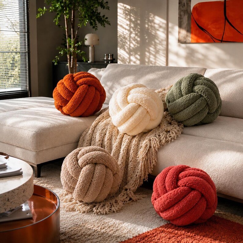 Op de afbeelding: Vijf bolvormige knoopkussens van gestructureerde, pluche stof in de kleuren gebrand oranje, cr&egrave;me, olijfgroen, beige en rood. Deze ronde, geknoopte kussens zijn gerangschikt op een lichtgekleurde bank, met &eacute;&eacute;n cr&egrave;mekleurig kussen op een plaid met franjes.