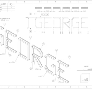 May include: Technical drawing of the name "GEORGE" in a 3D isometric view. The drawing includes dimensions, part numbers, and welding instructions. The letters are constructed from rectangular metal sections.