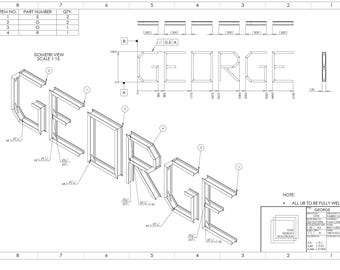Custom Engineering Name Drawing – Structural Beam Letters • A3 PDF • Weld Symbols, BOM, GD&T • Personalised Engineering Gift