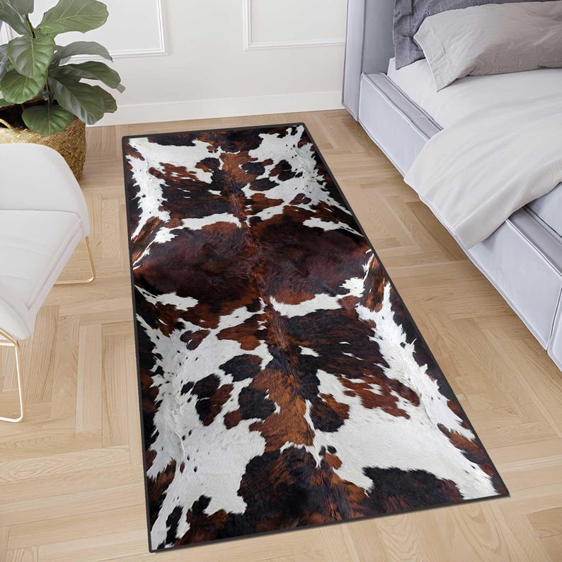 Rectangle Cowhide Rug Cowhide Pattern Runner Rug, Brown White Cow Skin Look Hallway Runner ...