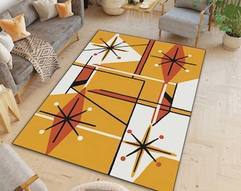 Medieval Modern Carpet, Atomic Starburst Handwoven Rug, Retro Mustard Yellow Decor, 1950s,printed rug