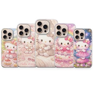 May include: Five phone cases with Hello Kitty designs. Each case displays a different illustration of Hello Kitty in various settings, including holding a heart, a teddy bear, and in a fairy costume. The cases have a clear border.