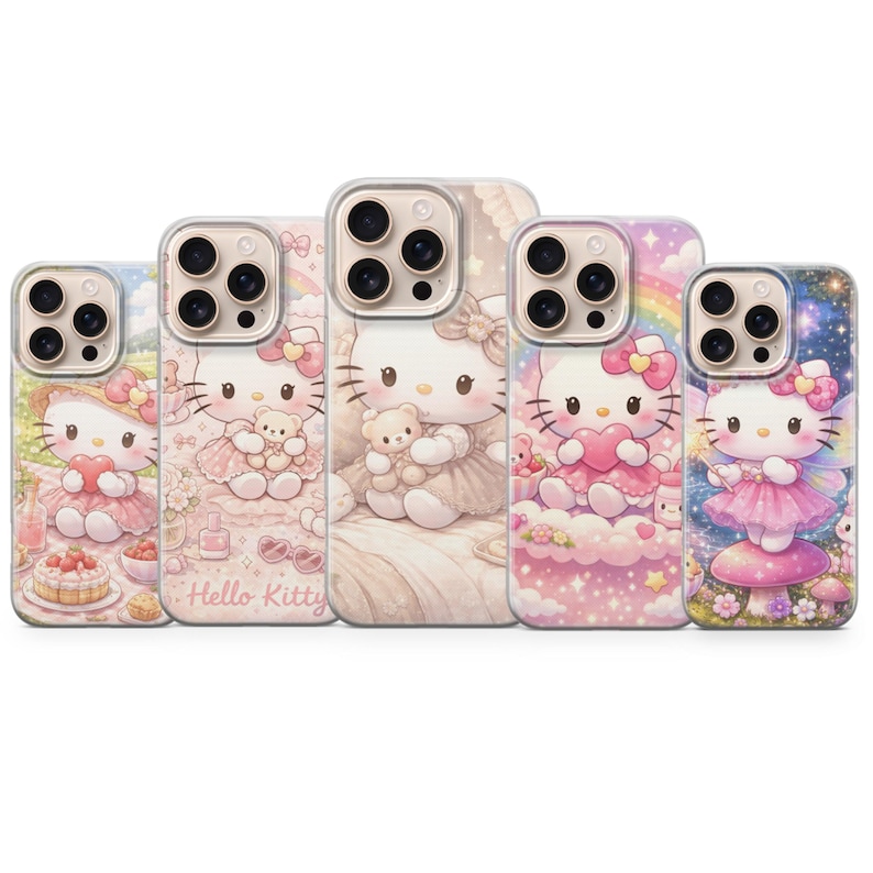 May include: Five phone cases with Hello Kitty designs. Each case displays a different illustration of Hello Kitty in various settings, including holding a heart, a teddy bear, and in a fairy costume. The cases have a clear border.