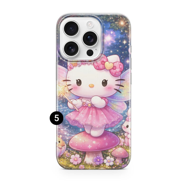 May include: A phone case with a cartoon fairy character in a pink dress, bow, and wings. The character is on a pink mushroom in a whimsical forest scene with flowers and stars. The case has a clear border.