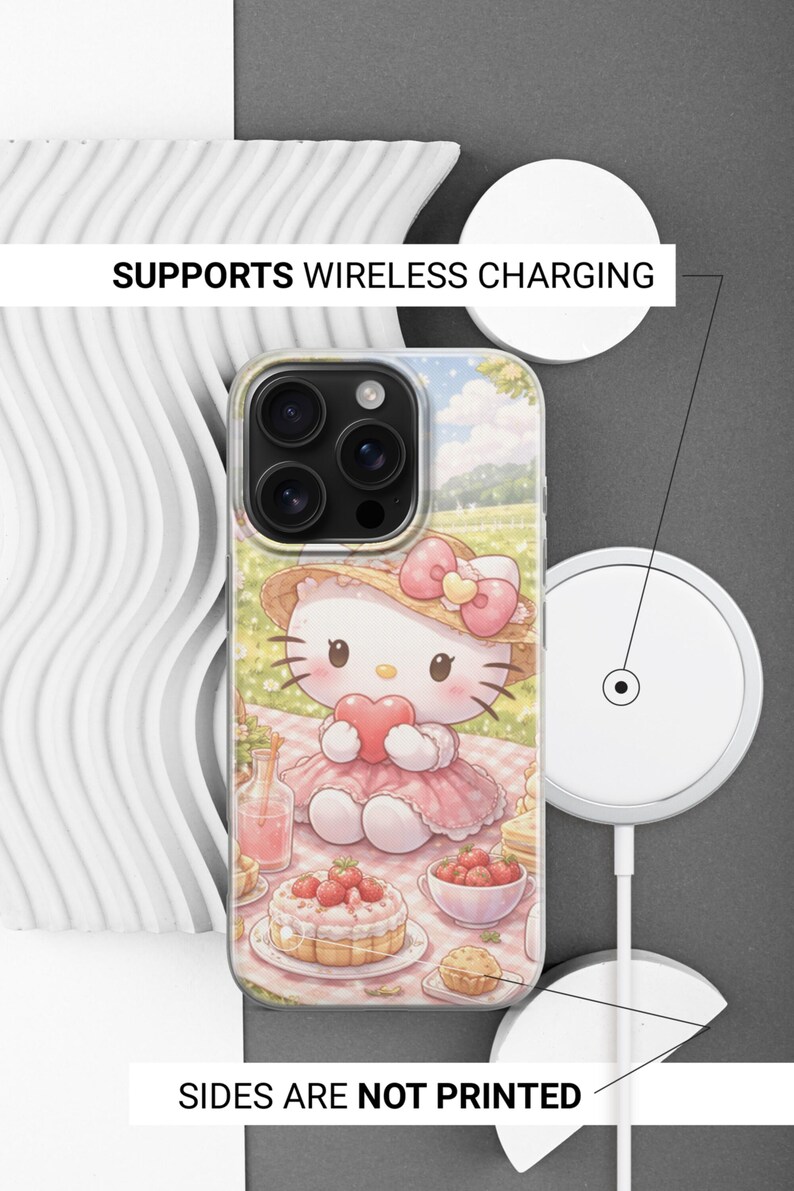 May include: Clear phone case with a cartoon character in a pink dress and hat, holding a heart. The case has a picnic scene background. Text reads "SUPPORTS WIRELESS CHARGING" and "SIDES ARE NOT PRINTED".
