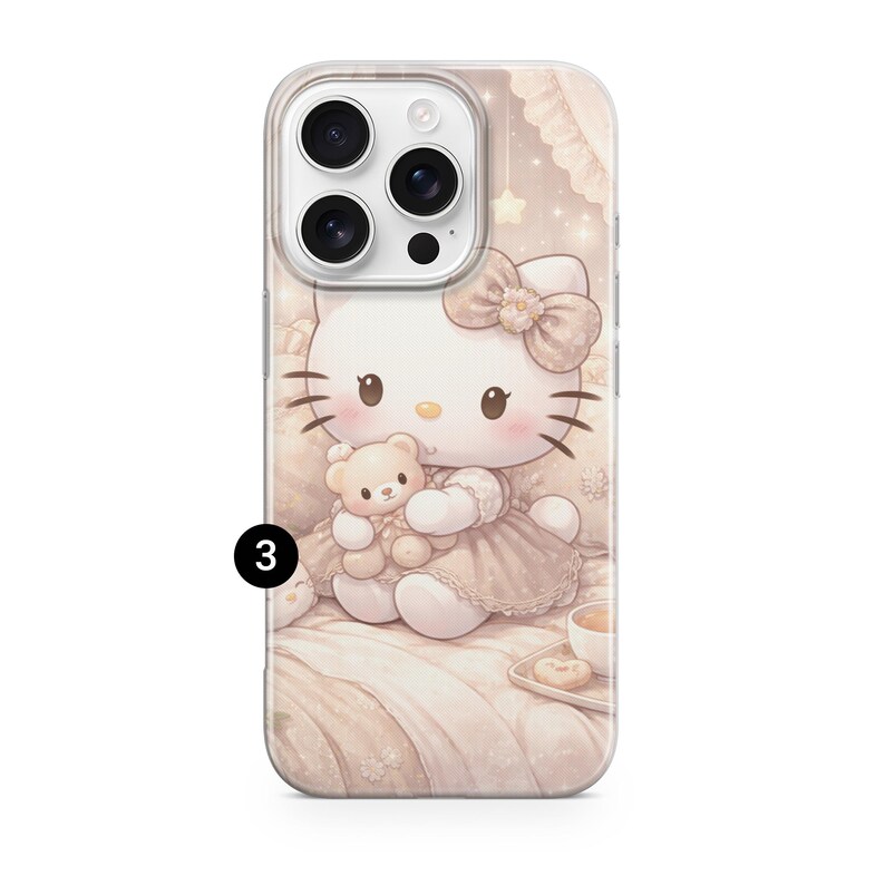 May include: A phone case with a cartoon illustration of Hello Kitty holding a teddy bear. The design uses soft pastel colours, with a bow on Hello Kitty's head and a cup of tea and a donut on a tray. The case is designed for a smartphone.