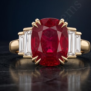 Könnte beinhalten: Ein Goldring mit einem großen, oval geschliffenen roten Rubin in der Mitte, der von acht Krappen gehalten wird. Der Rubin ist auf jeder Seite von zwei klaren, rechteckigen Baguette-Diamanten in Gold gefasst, was ein Drei-Stein-Design ergibt.