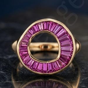 Baguette Cut Pink Sapphire Ring,.Gold Open Circle Statement Ring, Geometric Ruby Eternity Cocktail Ring, Unique Halo Ring, Gift For Her