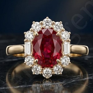 Vintage Oval Cut Ruby Engagement Ring, Yellow Gold Cubic Zirconia Halo Ring, Unique Ruby Ring with Baguette Accents Promise Ring For Her