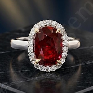 Vintage Oval Red Ruby Engagement Ring, Diamond Halo Wedding Ring for Women, Statement Ring, July Birthstone Gift
