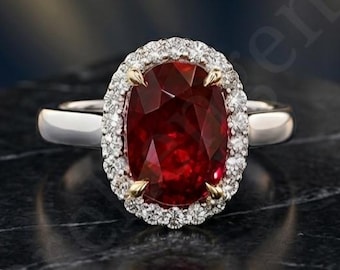 Vintage Oval Red Ruby Engagement Ring, Diamond Halo Wedding Ring for Women, Statement Ring, July Birthstone Gift