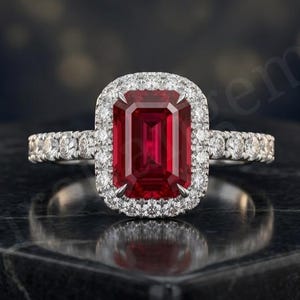 Vintage Emerald Cut Red Ruby Ring, Pave Halo Diamond Wedding Ring, July Birthstone Jewelry, Classic Art Deco Promise Ring, Gift for Wife