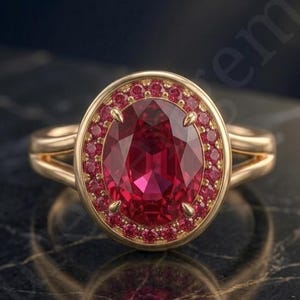 Vintage Oval Ruby Engagement Ring, Ruby Halo Ring, Split Shank Statement Ring, July Birthstone Ring, Gift For Her