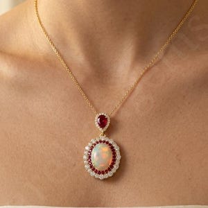 Vintage Oval Opal Pendant Necklace, Natural Fire Opal & Ruby Halo Necklace, Gold Art Deco CZ Cluster Pendant, Anniversary Gift For Her