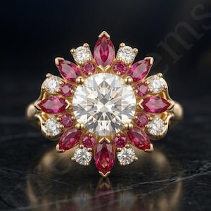 Vintage Sunflower Moissanite Engagement Ring, Marquise Ruby Halo Ring, Floral Art Deco Bridal Wedding Ring for Women