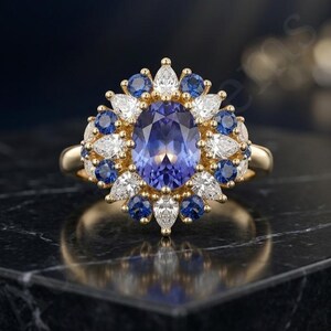 Vintage Oval Tanzanite Engagement Ring, Royal Blue Sapphire Diamond Halo Ring, Art Deco Floral Cluster Ring, Gift For Her