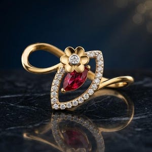 Könnte beinhalten: Ein Goldring mit einem tropfenförmigen Rahmen, der mit kleinen weißen Steinen besetzt ist. Im Inneren befindet sich ein leuchtend roter Edelstein im Tropfenschliff und ein fünfblättriges Blumenmotiv mit einem weißen Stein in der Mitte.