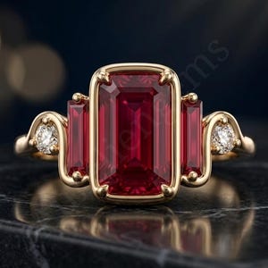 Könnte beinhalten: Ein Goldring mit einem großen, smaragdgeschliffenen roten Edelstein in der Mitte, flankiert von zwei kleineren, baguettegeschliffenen roten Edelsteinen. Zwei runde weiße Diamanten sind in die geschwungene Goldschiene beidseitig eingesetzt.