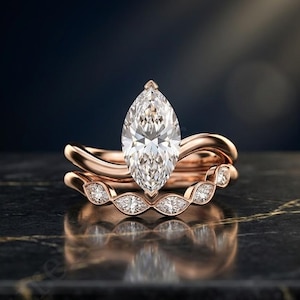 Marquise Cut Moissanite Engagement Ring Set, Rose Gold Curved Wave Solitaire Ring, Matching Marquise Contour Wedding Band, Bridal Ring Set