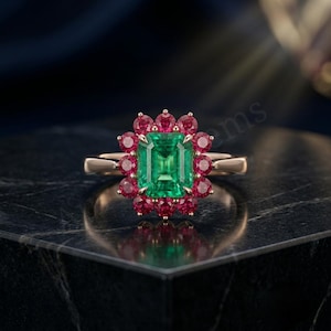 Emerald Cut Emerald Ring with Ruby Halo,Vintage Style Rose Gold Floral Statement Ring, Art Deco Green Gemstone Ring,Anniversary Gift for Her