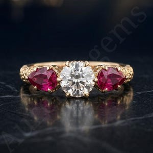 Three Stone Moissanite & Ruby Ring, Round Cut Solitaire with Pear Shaped Red Ruby Side Stones, Antique Snake Scale Band Ring for Her