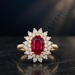 Vintage Oval Red Ruby Engagement Ring, Double Halo Cubic Zirconia Cluster Ring, Royal Sunburst Moissanite Wedding Ring, Gold Statement Ring