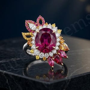 Vintage Oval Ruby Cocktail Ring, Art Deco Rubellite Flower Statement Ring, 14K Two Tone Gold Butterfly Ring, Unique Halo Engagement Ring