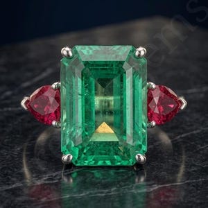 Emerald Cut Green Emerald Ring with Trillion Cut Ruby Accents, Three Stone Engagement Ring, Handmade Sterling Silver Ring, Gift for Her