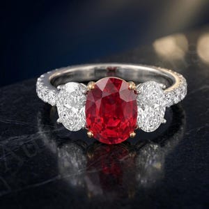 Könnte beinhalten: Ein Drei-Stein-Ring mit einem großen, oval geschliffenen roten Rubin in Goldfassungen, flankiert von zwei oval geschliffenen weißen Diamanten. Die Ringschiene besteht aus poliertem silberfarbenem Metall und ist mit kleinen Pavé-Diamanten besetzt.