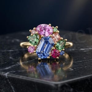 Multicolor Sapphire Cluster Ring, Emerald Cut Blue Sapphire Engagement Ring, Unique Pastel Gemstone Cocktail Ring, Solid Gold Gift For Her