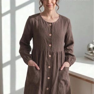 Brown Linen dress with buttons, Maternity breast feeding dress, Below the knee-length, Loose linen autumn dress , Long sleeve linen dress