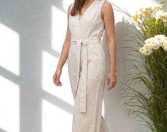 Designer Wide Leg Linen Jumpsuit, Summer Wear Sleeveless Linen Maxi Jumper, Plus Size Clothing