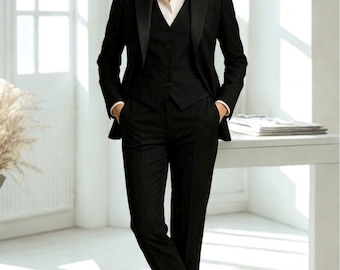 Traje de tres piezas negro de primera calidad para mujer, conjunto de blazer, atuendo formal a medida - vestido de dama de honor, vestido de graduación, corte entallado.